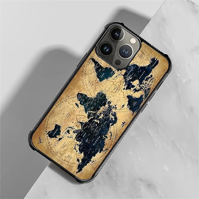 for iPhone 15 Pro Max Case, Brown World Map Pattern Graphic Design Girl Boy Soft Silicone Hard Acrylic Shock Protection for iPhone 15 Pro Max
