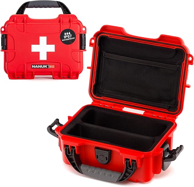 NANUK 903 Waterproof First Aid Box Empty with Lid Organizer & Dividers – Durable Medical First Aid Organizer Case, IP67-Rated, Dustproof, Impact-Resistant, Floats (9.1” x 6.8” x 3.8”) – Red