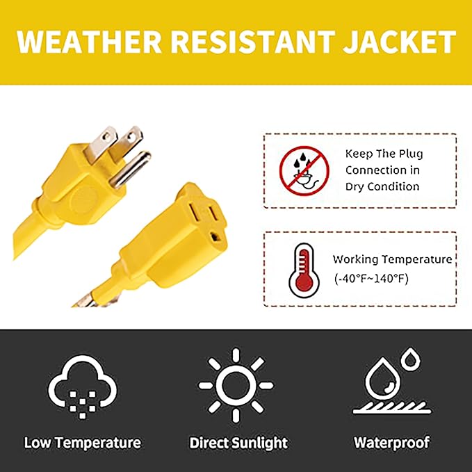 Indoor Outdoor Extension Cord Weatherproof, UL Certified, 14 Gauge 12FT Yellow 3 Prong Heavy Duty, 14/3 SJTW 15A Power Cord for Outdoor Lights, Appliances, Lawn