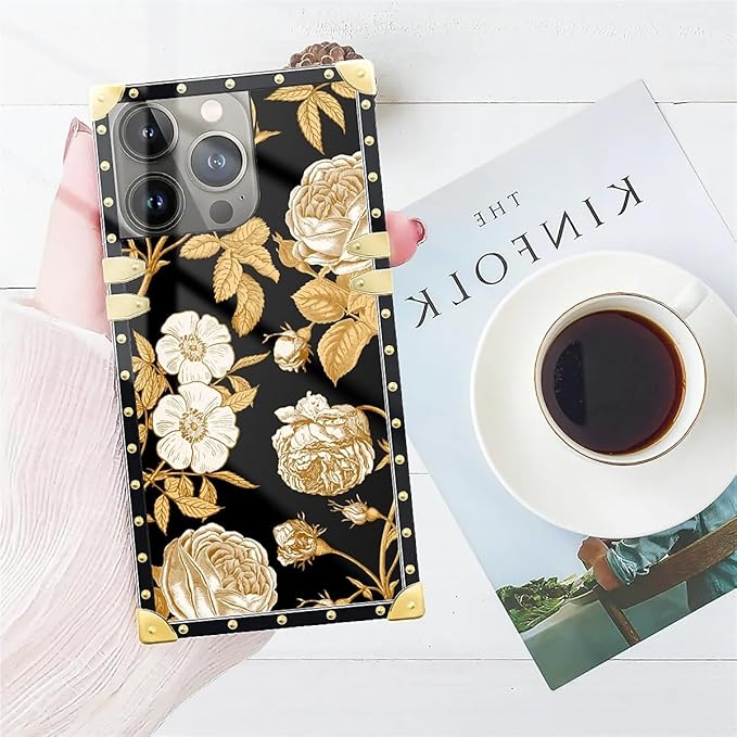 Compatible with iPhone 15 Pro Max Case, Blooming Rose Golden Flower Luxury Golden Decoration for Girl Women Soft TPU Shockproof Protective Hard PC Back for iPhone 15 Pro Max