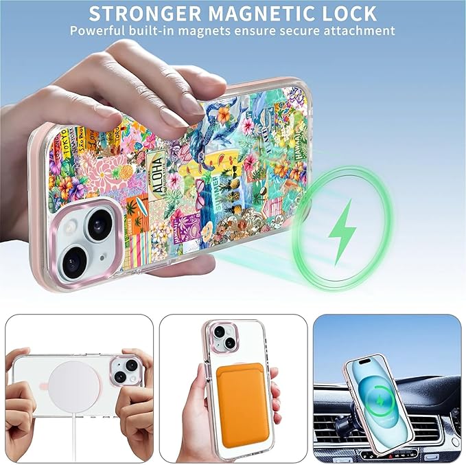 Case for iPhone 13/14,[Compatible with MagSafe],Hawaii Aloha Cover Coastal Beach Collage Phone Case Design，for Women Girls Magnetic Clear Cover - Slim, Sleek, & Shockproof Protection