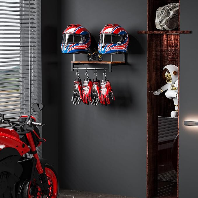 Motorcycle Helmet Holder Wall Mount, Helmet Rack with 4 Glove Clips, Motorcycle Gear Rack Storage, Motorcycle Accessories Organizer for Entryway or Garage