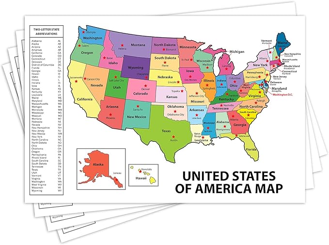 United States Map - USA Poster, US Educational Map - With State Capital - for Ages Kids to Adults - Home School Office - Printed on 12pt. Glossy Card Stock | Bulk Pack of 10 |11 x 17 Inches