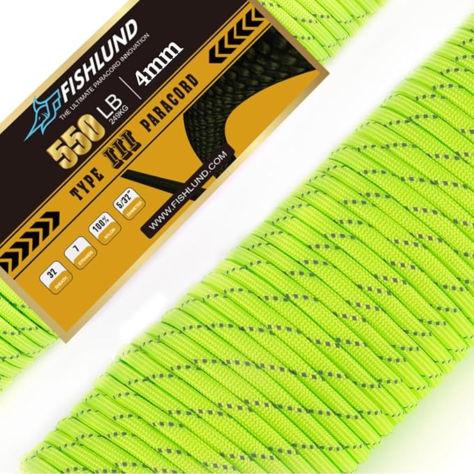Reflective Paracord 550 lb, 7 Strand Paracord Rope 50ft 4mm, Nylon Parachute Cord for Camping, Neon Green