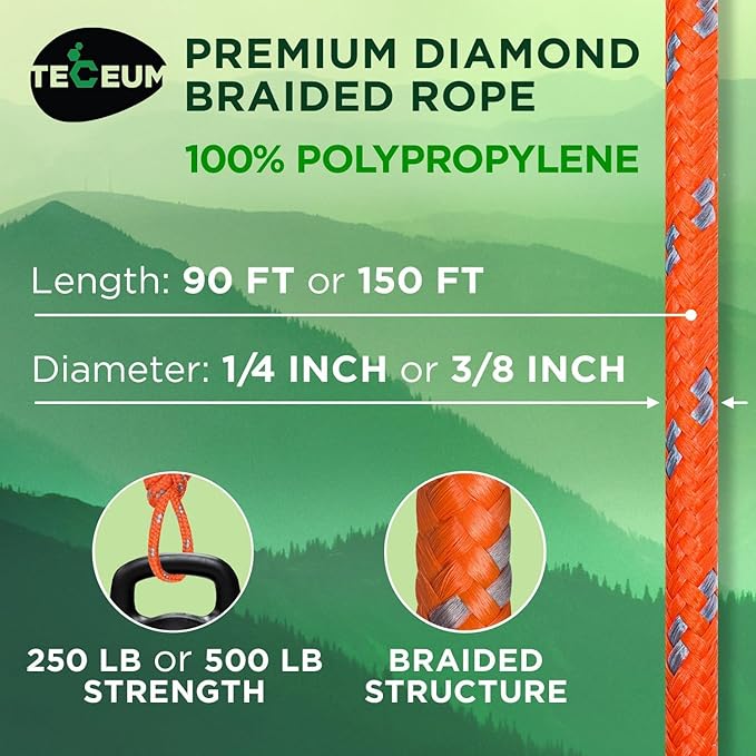 TECEUM Rope – 90 Feet x 1/4 Inch (7mm) – Purple – Strong All-Purpose Utility Rope – Camping, Crafting, Flag Pole, Indoor & Outdoor – Polypropylene Nylon Poly Lightweight Diamond Braided Cord