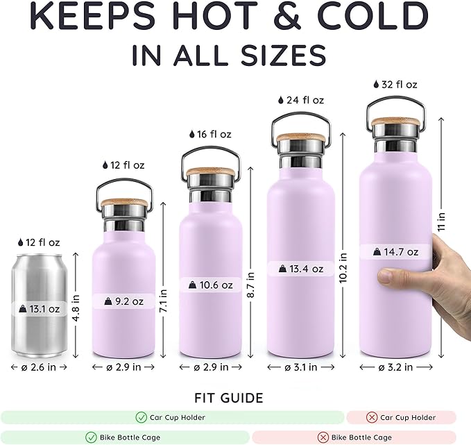 Bambaw Insulated Water Bottle 32 oz, Leak-Proof Water Bottle Stainless Steel, Keeps Drinks Cold for 24h Cold and Hot for 12h, With a Wide Mouth for Easy Cleaning & To Fit a Tea Infuser (Lavender Haze)
