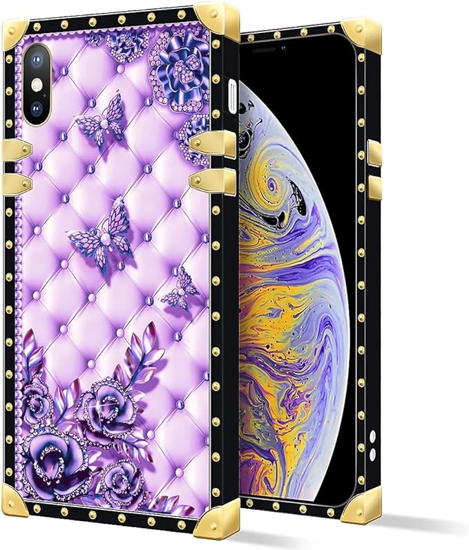 Compatible with iPhone XR Case, Purple Butterfly Flowers Leaf Luxury Golden Decoration for Girl Women Soft TPU Shockproof Protective Hard PC Back for iPhone XR