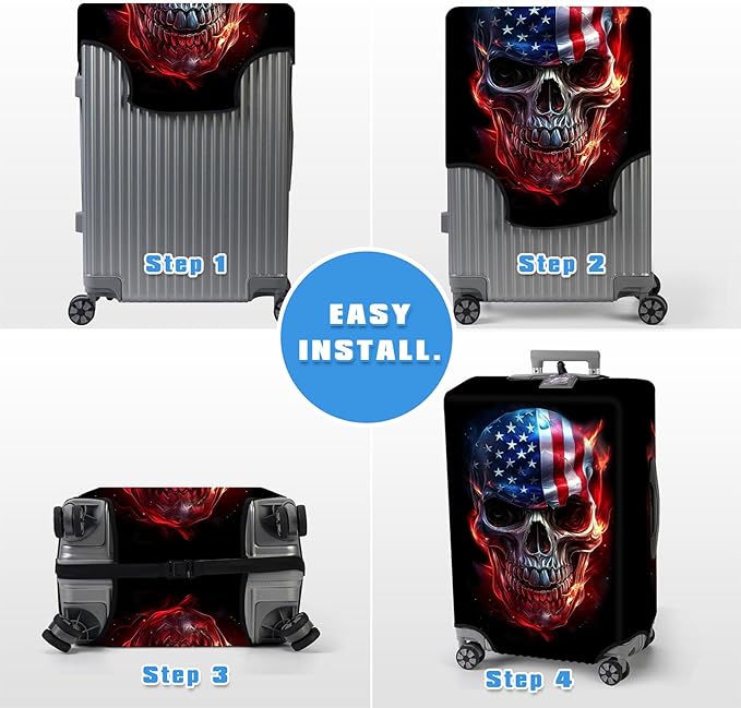 Luggage Cover Protector for 22-24 Inch Suitcases, TSA Approved Elastic Travel Suitcase Covers, Anti-Scratch Washable Luggage Sleeve for Carry On & Checked Bags, Skull American Flag