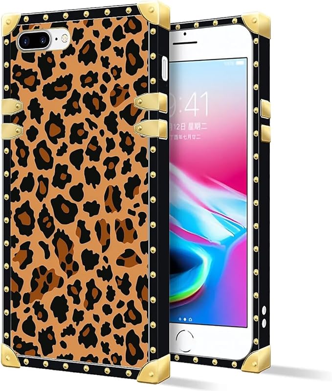 Compatible with iPhone 8 Plus 7 Plus Case, Brown Leopard Texture Luxury Golden Decoration for Girl Women Soft TPU Shockproof Protective Hard PC Back for iPhone 8 Plus 7 Plus