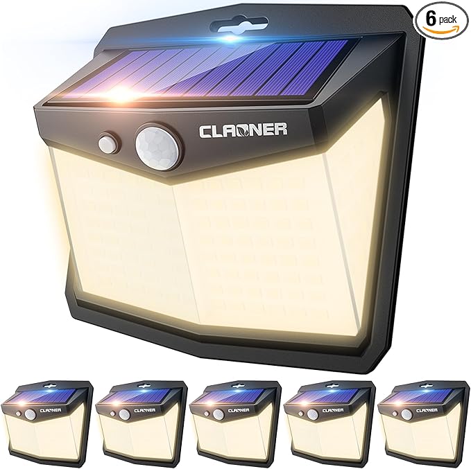 CLAONER Solar Lights Outdoor, [128 LED/6 Packs] Solar Motion Sensor Lights 3 Working Modes Outdoor Lights with 270° Wide Angle Wireless IP65 Waterproof Security Light for Fence Patio, Warm White