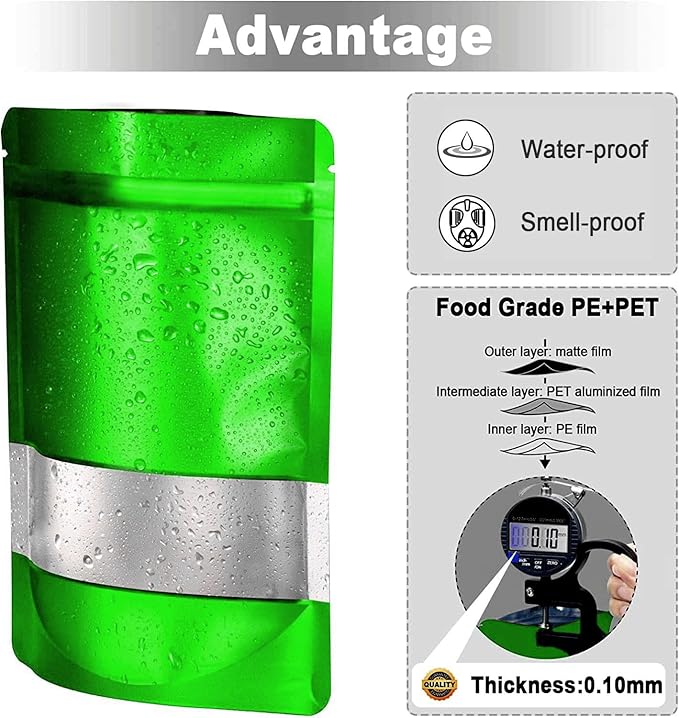 4.7"x7.8" 120pcs Mylar Bags for Food Storage,Smell Proof Bag with Matte Window Resealable Food Storage Bags for Small Business, Stand-up Foil Pouch Packaging Freeze Dried Candy Bag(Green)