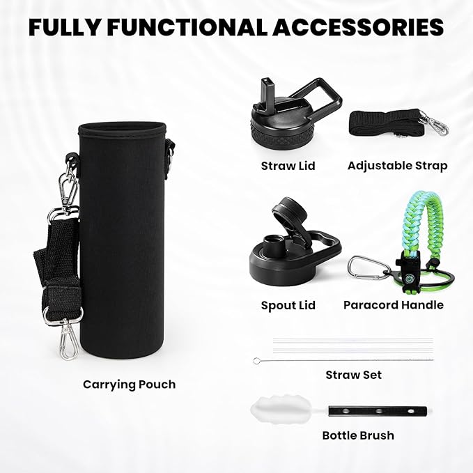 RAYMYLO Insulated Water Bottle 24oz, Triple Wall Vacuum Stainless Steel (Cold for 24Hrs, Hot for 12Hrs), Leak Proof & Non-BPA, 24oz Hydro Water Flask with Paracord Handle & Straw Spout Lids