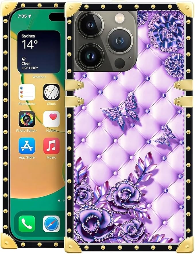 Compatible with iPhone 14 Pro Case, Purple Butterfly Flowers Leaf Luxury Golden Decoration for Girl Women Soft TPU Shockproof Protective Hard PC Back for iPhone 14 Pro