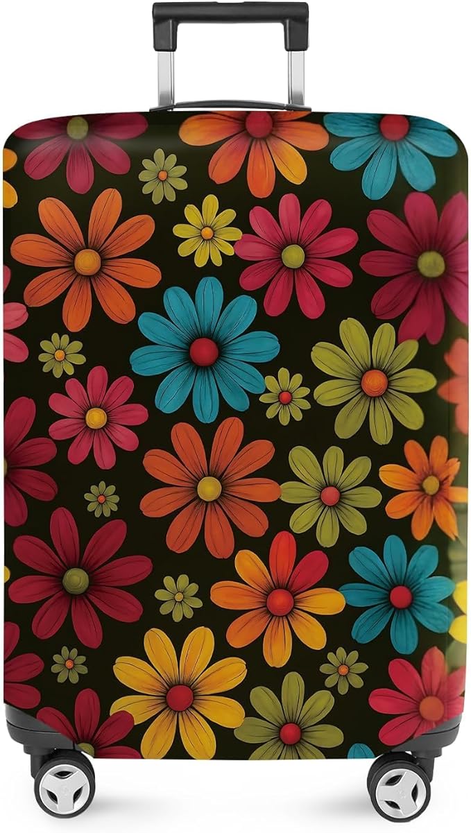 ANNA QUEEN Colorful Flower Luggage Cover, Retro Floral Suitcase Protector, Stretchable Washable Cover for 24-26 Inch Luggage