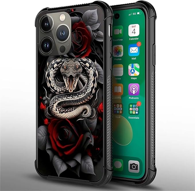 for iPhone 14 Pro Max Case, Entwined Rose Snake Pattern Graphic Design Girl Boy Soft Silicone Hard Acrylic Shock Protection for iPhone 14 Pro Max