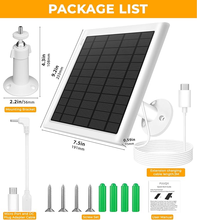 8W Solar Panel for Ring Camera, 3-Pack Solar Panel Charger Compatible with Ring Stick Up Cam Battery, Spotlight Cam Battery, Includes Barrel Plug to USB-C Adapter, IP65 Waterproof, 10ft Cable