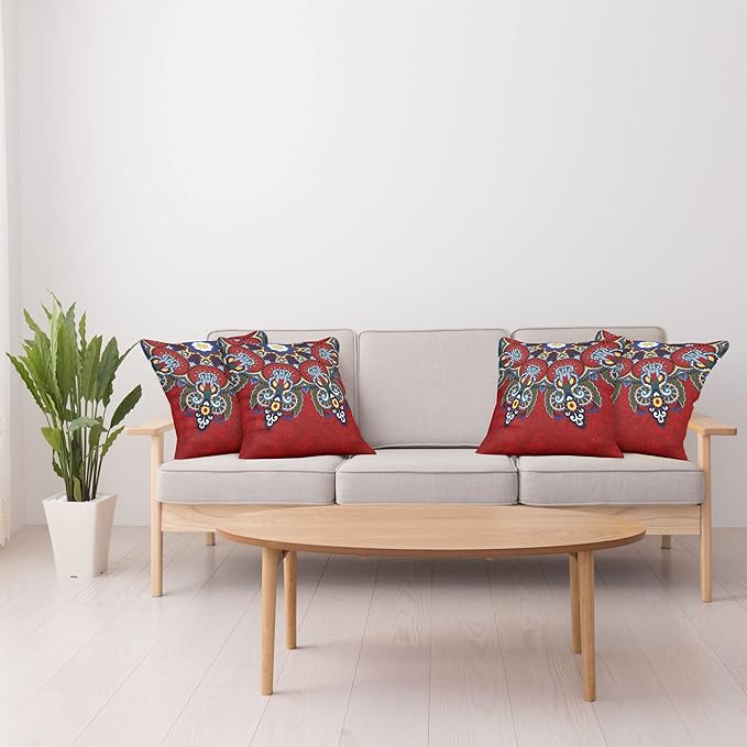 Ambesonne Mandala Throw Pillow Cushion Case Pack of 4, Color Jumble of Lace Like Flowers Leaves Swirls Vintage Illustration Folk Themed, Modern Accent Double-Sided Digital Printing, 20", Red