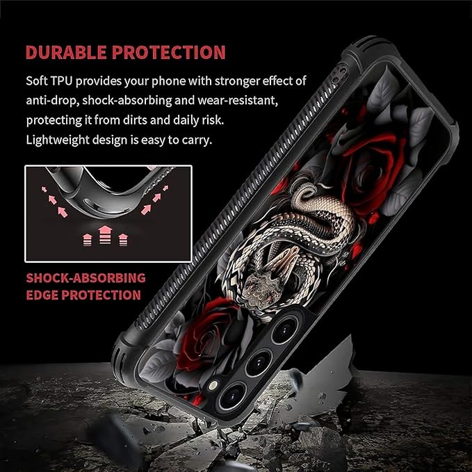 for Samsung Galaxy S23 Case, Entwined Rose Snake Pattern Graphic Design Girl Boy Soft Silicone Hard Acrylic Shock Protection for Samsung Galaxy S23
