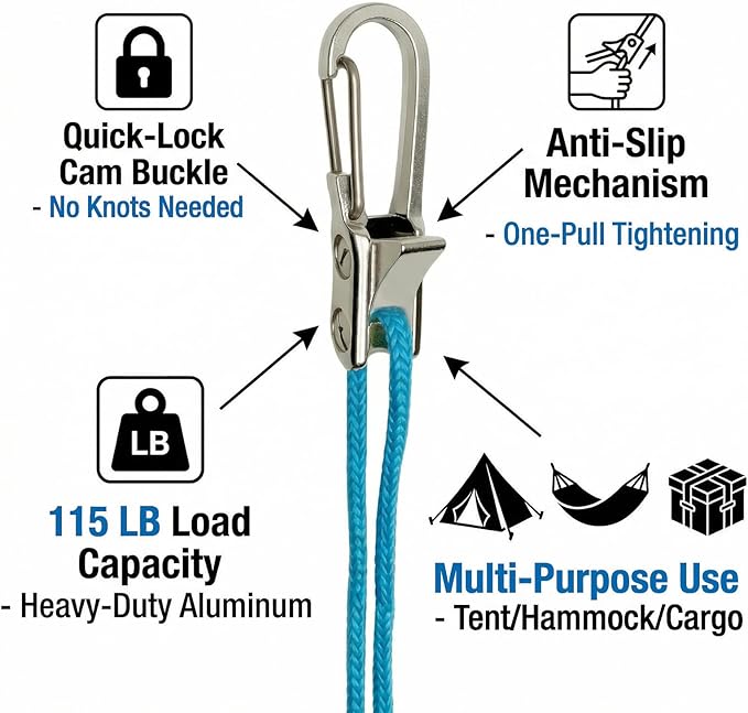 6 Pack Rope with Roller Tensioner for Easy and Secure Tying,2026 New Heavy Duty Retractable Buckle Rope with Accessory Cord for Camping Boating Home Storage Outdoor Use