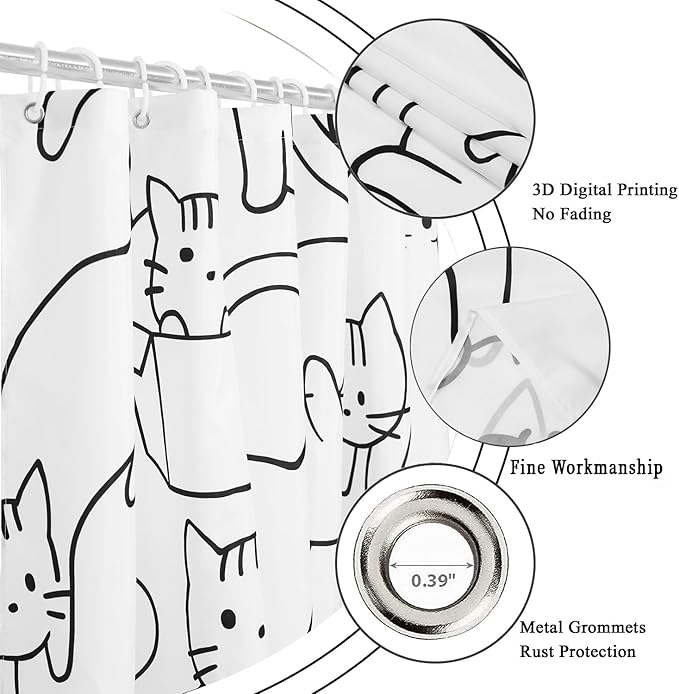 Cat Shower Curtain, Black and White Funny Cats Cute Sketching Kitten with Different Postures Bathroom Curtain Waterproof Fabric Machine Washable with Hooks, 65" Wx72 L