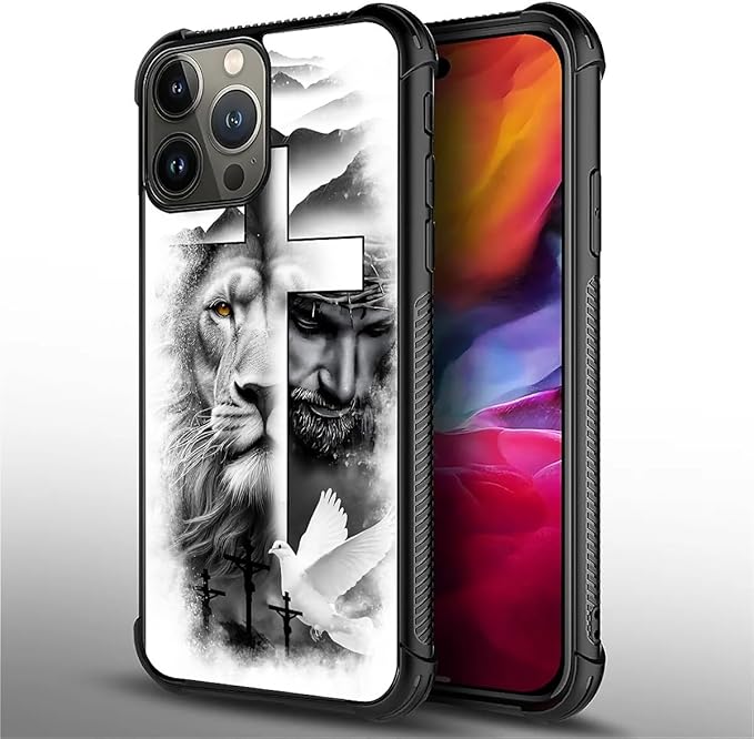 for iPhone 15 Pro Max Case, Lion Cross Jesus Christ Dove Pattern Graphic Design Girl Boy Soft Silicone Hard Acrylic Shock Protection for iPhone 15 Pro Max