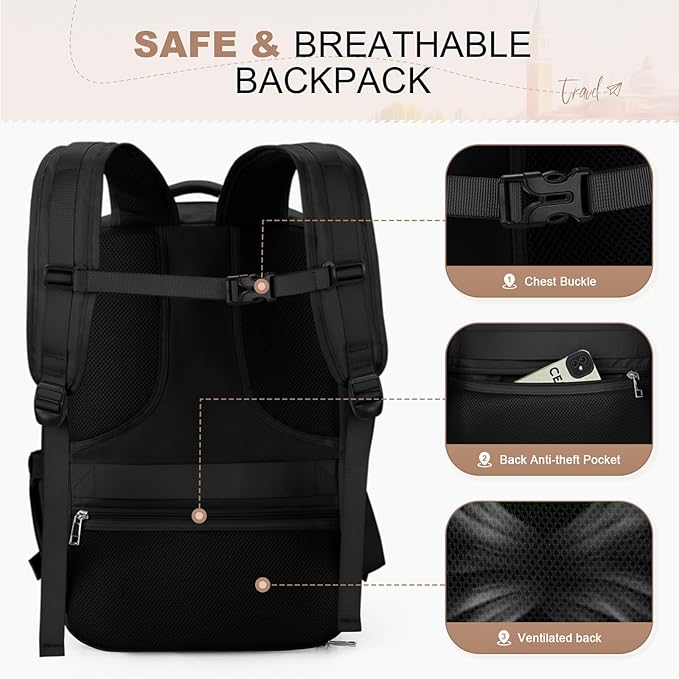 Maelstrom Travel Backpack for Women Men,35L Laptop Backpack Fits 17-Inch Laptop,Carry On Backpack for Airplanes with Crossbody Bag&Shoe Compartment&Toiletry Bag (Black, Large)