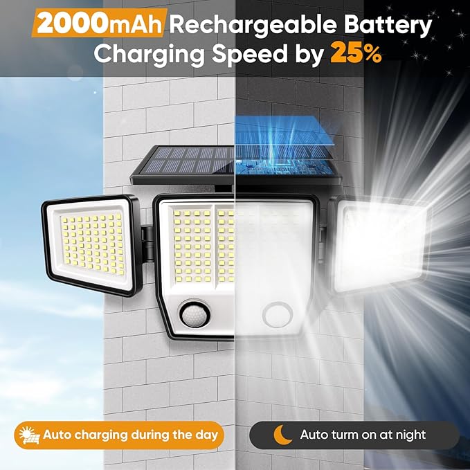 MDCMDCM Solar Motion Sensor Outdoor Lights Waterproof - 3000LM 3 Modes Security Lights Outdoor 270° Illumination IP65 LED Solar Flood Wall Light for Garden Yard Patio Pathway (Modern, 3)