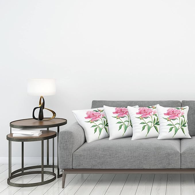 Ambesonne Watercolor Flower Throw Pillow Cushion Case Pack of 4, Vintage Peony Painting Botanical Spring Garden Flower Nature Theme, Modern Accent Double-Sided Digital Printing, 18", White Pink