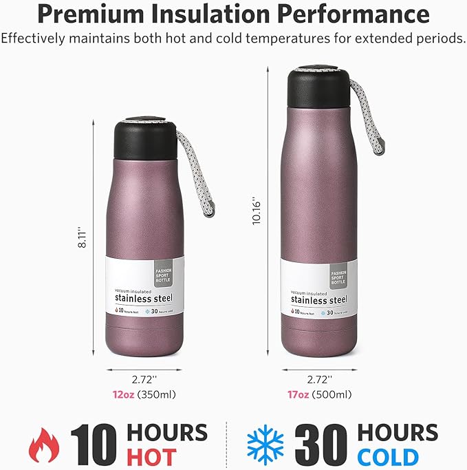 Water Bottle with Portable Lid Metal Vacuum Insulated Stainless Steel | Reusable Leak Proof Flask | 17oz, Pink