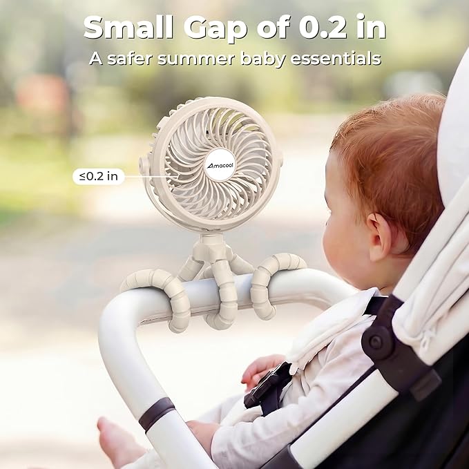 AMACOOL Battery Operated Stroller Fan, Baby Travel Essentials for Beach Disney, Newborn Boy & Girl Showers Gifts Registry Search, Rechargeable Clip On Fan for Car Seat Wagon Crib Bike Treadmill