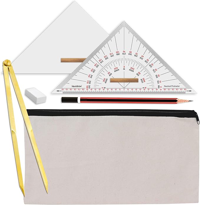 Liquidraw Marine Navigation Divider Universal Nautical Protractor Set Square Set of 6 | Triangle Ruler & Brass Divider | Essential For Sailing, Accurate Navigational Plotting & Portland Course Plotter