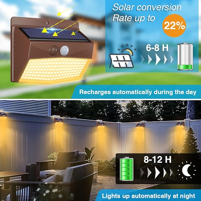 Peasur 1 Pack Solar Motion Lights Outdoor, Solar Security Light with 3 Modes, IP65 Waterproof Flood Lights Outside for Camping Garden Patio Garage Backyard, Brown Warm