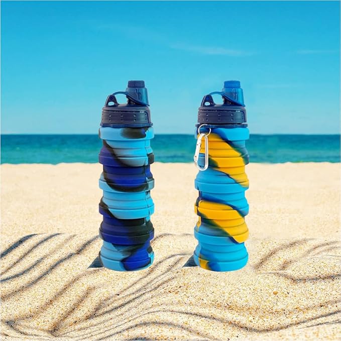 Collapsible Water Bottles 2 pack Travel Water Bottle 500ML Silicone Water Bottles. (Blue Camouflage +Yellow Camouflage)