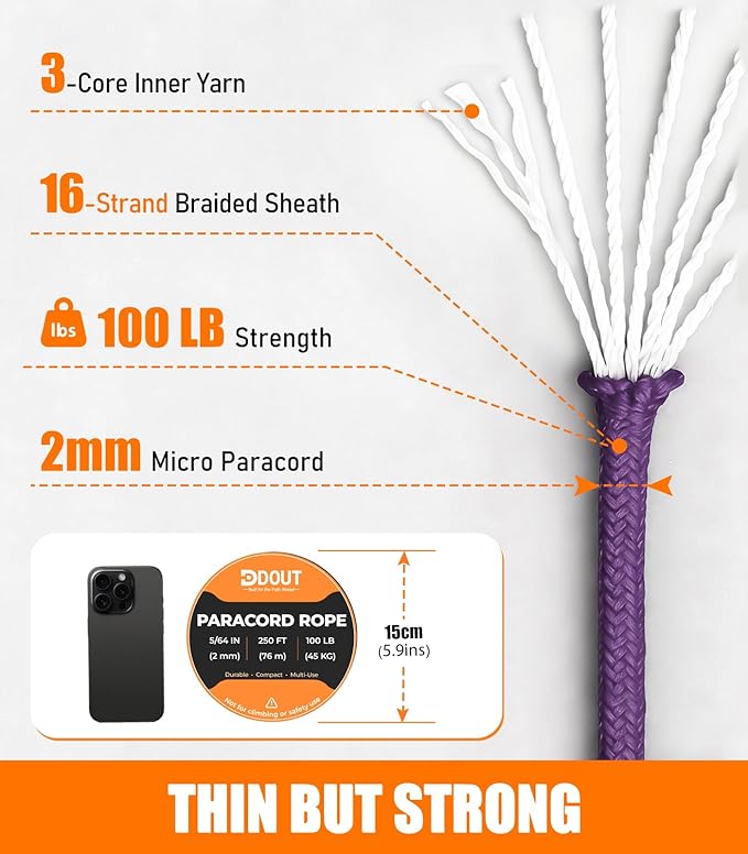 DDOUT 2mm Paracord 100lb, Thin Micro Paracord Rope, Purple 250FT Nylon Cord for Crafting, DIY Projects, Fishing, Camping & Outdoor