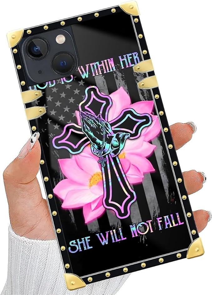Compatible with iPhone 15 Case, Praying Cross Hands Luxury Golden Decoration for Girl Women Soft TPU Shockproof Protective Hard PC Back for iPhone 15