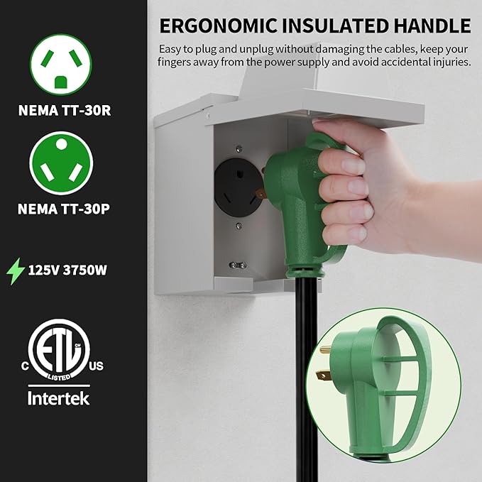 POWGRN 30 Amp RV Extension Cord 100 FT Outdoor with Grip Handle, Flexible Heavy Duty 10/3 Gauge STW 3 Prong RV Power Cord Waterproof, NEMA TT-30P to TT-30R, Black-Green, ETL Listed.