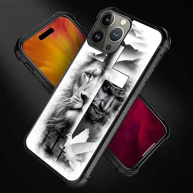 for iPhone 16 Pro Case, Lion Cross Jesus Christ Dove Pattern Graphic Design Girl Boy Soft Silicone Hard Acrylic Shock Protection for iPhone 16 Pro