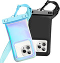 Floatable Waterproof Phone Pouch Case 2 Pax for iPhone 17 16 Pro Max/15/14/13/12, IP68 Travel Cellphone Dry Bag Beach Cruise Ship Essentials Bags with Crossbody Lanyard,Blue and Black-7″
