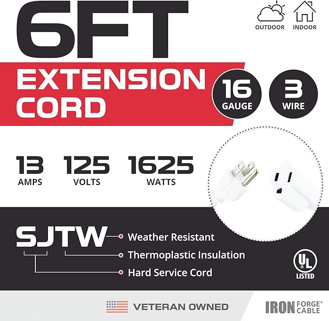 Iron Forge Cable 2 Pack Weatherproof 6 Ft Outdoor Extension Cord - 16/3 SJTW Heavy Duty White Extension Cord 3 Prong - 13 Amp Exterior Power Cable