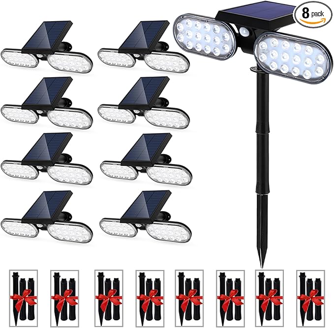EMANER Motion Lights Solar Powered, Outdoor Flood Lights Stay On or Motion On/Off, Dusk to Dawn Security Solar Light, Covers up to 40ft Distance Landscape Spotlights for Garden Backyard Path, 8-Pack
