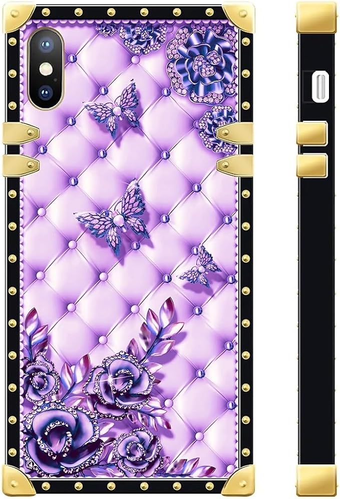 Compatible with iPhone Xs Max Case, Purple Butterfly Flowers Leaf Luxury Golden Decoration for Girl Women Soft TPU Shockproof Protective Hard PC Back for iPhone Xs Max