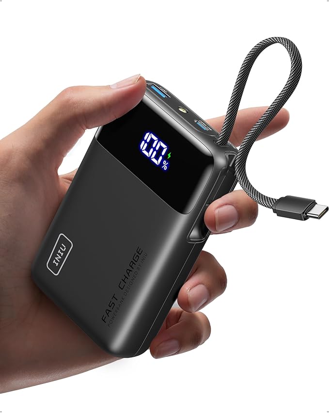INIU 20000mAh Power Bank, Small Portable Charger, 45W PD Fast Charging Battery Pack with Build in USB-C Cable, Travel Phone Charger for iPhone 17 16 15 14 Air Samsung S25 S24 Google iPad Xiaomi, Black