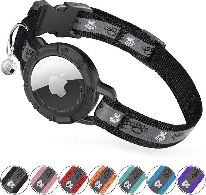 Reflective AirTag Cat Collar, Integrated Cat Tracker Collar with Air Tag Holder and Bell, Safety Elastic Band Cat GPS Collars for Girl Boy Cats, Kittens and Puppies (Black, XS)