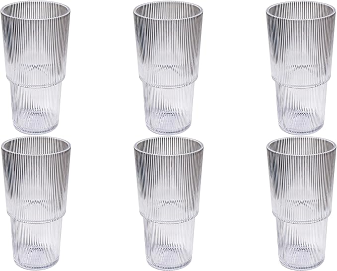 Fine Ribbed 22 oz Durable Acrylic Jumbo Drinking Glasses, Shatter-Resistant and Dishwasher-Safe Indoor/Outdoor Drinkware for Water, Iced Tea, Juice, and Cocktails - Clear - Set of 6