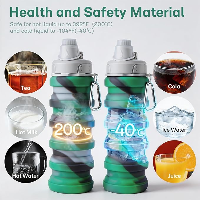 Reusable BPA Free Foldable Silicone Water Bottles for Kids, Students, Adults, Travel Camping Hiking (1pack, Green)
