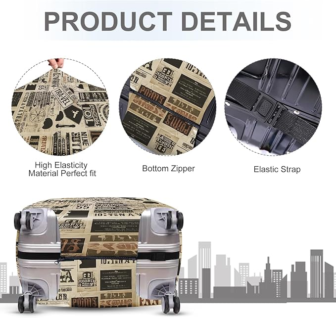 ANNA QUEEN Vintage Travel Collage Luggage Cover, Retro Suitcase Protector, Stretchable Washable Cover for 20-22 Inch Luggage