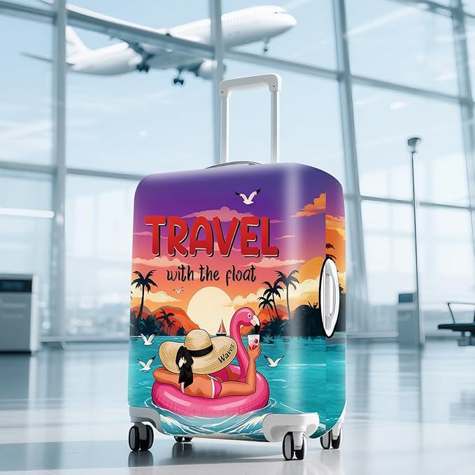 ANNA QUEEN Tropical Travel Flamingo Float Luggage Cover -Stretchable Airplane Suitcase Protector Sleeve,Universal Washable Fit for 20-22 Inch Checked Baggage,Water Resistant Durable Luggage Protector