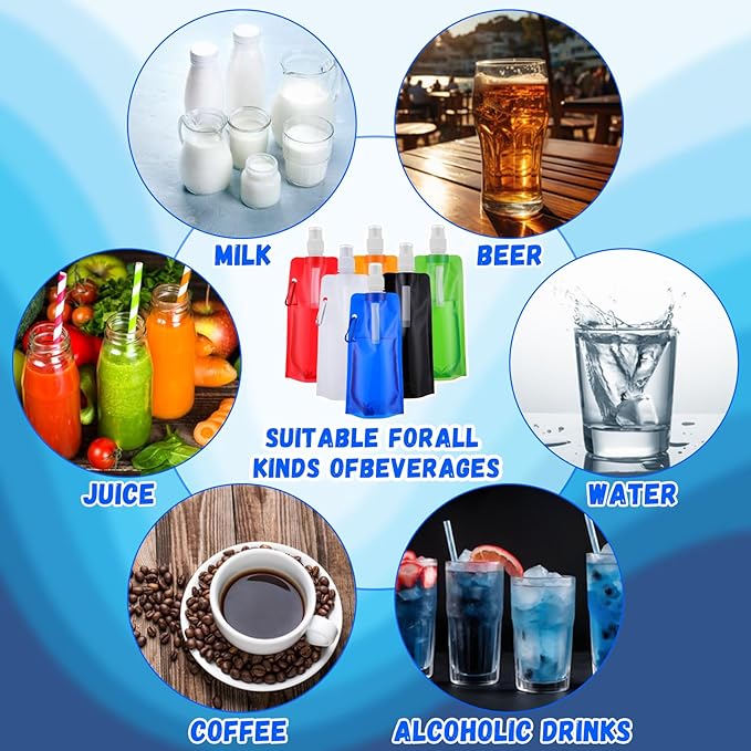 Teenyyou 24 Pack Collapsible Water Bottles Bulk 16oz Foldable Water Bottles with Carabiner Reusable Drinking Leak Proof Container Bags for Sport Biking Hiking Camping Travel Outdoor (6 Colors)