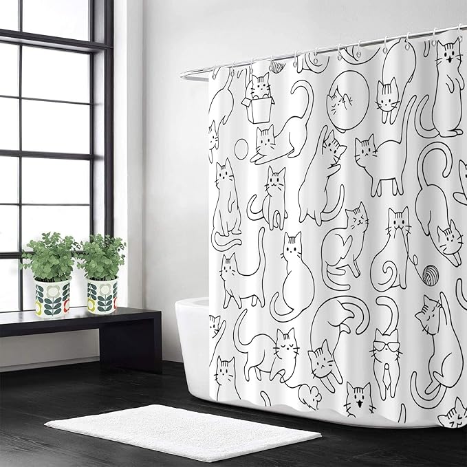 Cat Shower Curtain, Black and White Funny Cats Cute Sketching Kitten with Different Postures Bathroom Curtain Waterproof Fabric Machine Washable with Hooks, 36" Wx72 L
