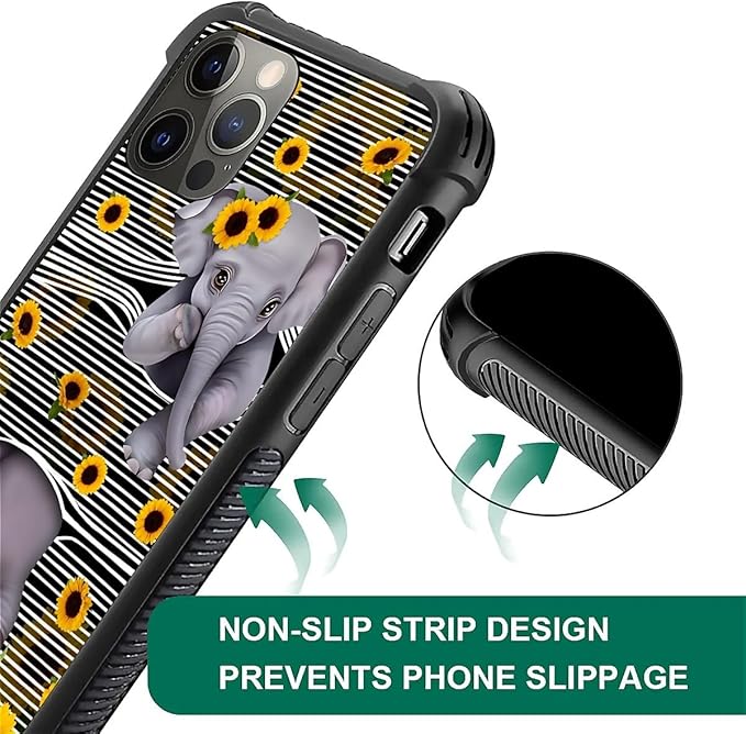 for iPhone 11 Pro Max Case, Cute Little Elephant Sunflower White Line Art Pattern Graphic Design Girl Boy Soft Silicone Hard Acrylic Shock Protection for iPhone 11 Pro Max